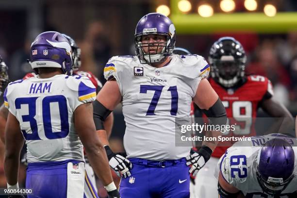 Minnesota Vikings offensive tackle Riley Reiff looks on during an NFL football game between the Minnesota Vikings and Atlanta Falcons on December 3,...