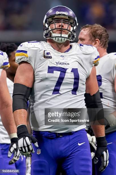 Minnesota Vikings offensive tackle Riley Reiff looks on during an NFL football game between the Minnesota Vikings and Atlanta Falcons on December 3,...