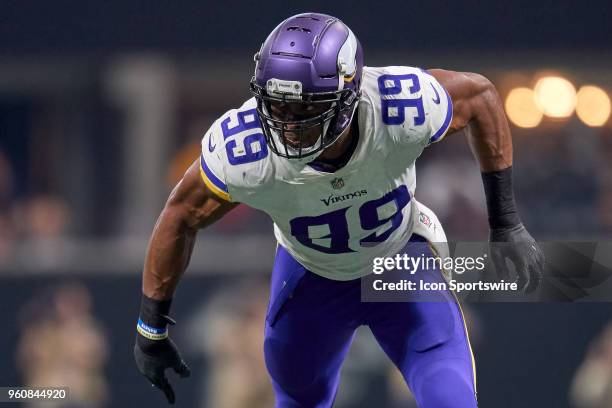 Minnesota Vikings defensive end Danielle Hunter looks to make a tackle during an NFL football game between the Minnesota Vikings and Atlanta Falcons...