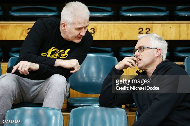 Andrew Gaze and Shane Heal are seen at the Melbourne Sports and Aquatic Centre on May 21, 2018 in Melbourne, Australia.