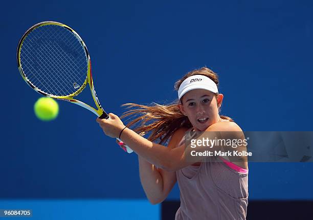 Molly Polak of Australia plays a backhand in her first round juniors match against Kristyna Pliskova of the Czech Republic during day seven of the...