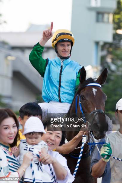 Jockey Zac Purton riding Rise High wins Race 10 Tourmaline Handicap at Sha Tin racecourse on May 20 , 2018 in Hong Kong.