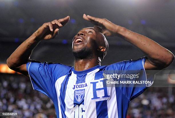Jerry Palacios of Honduras celebrates after scoring against the US during their international friendly at the Home Depot Center Stadium in Los...