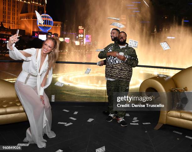 Jennifer Lopez, French Montana and Dj Khaled celebrate release of new single 'Dinero' during sneak peek of new Spago at Bellagio on May 20, 2018 in...