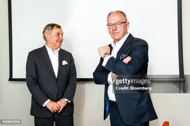 Pekka Vauramo, incoming chief executive officer of Metso Oyj, right, stands with Mikael Lilius, chairman of Metso Oyj, ahead of a news conference...