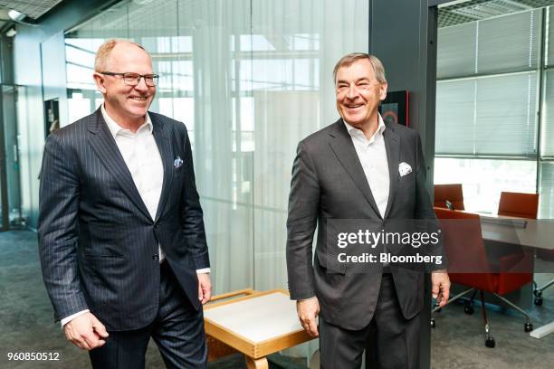 Pekka Vauramo, incoming chief executive officer of Metso Oyj, left, walks with Mikael Lilius, chairman of Metso Oyj, ahead of a news conference...