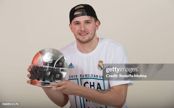 Luka Doncic, #7 of Real Madrid poses with MVp of the Final Trophy 2018 Turkish Airlines EuroLeague F4 Champion Photo Session with Trophy at Stark...