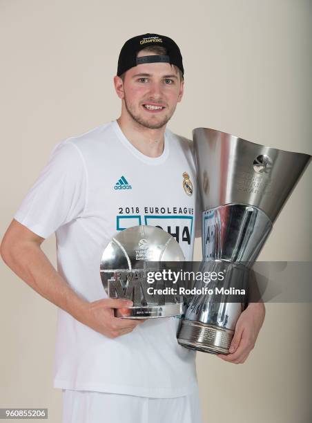 Luka Doncic, #7 of Real Madrid poses with Chamipons Trophy and MVP of the final Trophy 2018 Turkish Airlines EuroLeague F4 Champion Photo Session...