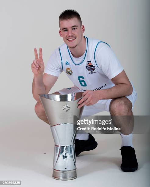 Dino Radoncic, #6 of Real Madrid poses during 2018 Turkish Airlines EuroLeague F4 Champion Photo Session with Trophy at Stark Arena on May 20, 2018...