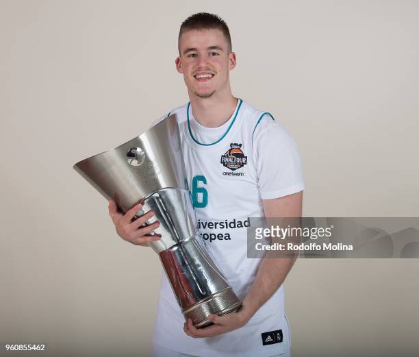 Dino Radoncic, #6 of Real Madrid poses during 2018 Turkish Airlines EuroLeague F4 Champion Photo Session with Trophy at Stark Arena on May 20, 2018...