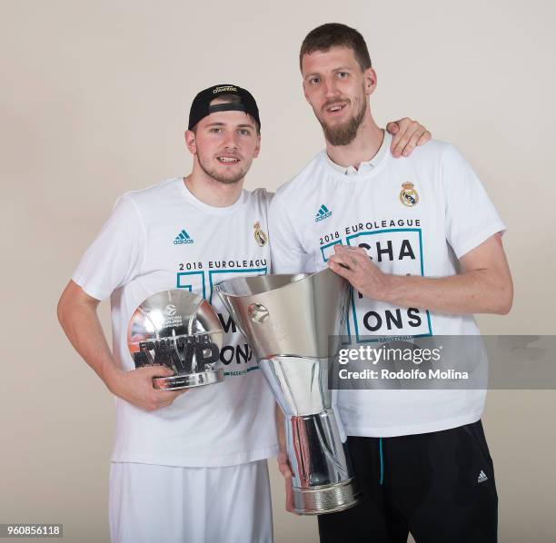 Luka Doncic, #7 of Real Madrid and Ognjen Kuzmic, #32 poses 2018 Turkish Airlines EuroLeague F4 Champion Photo Session with Trophy at Stark Arena on...