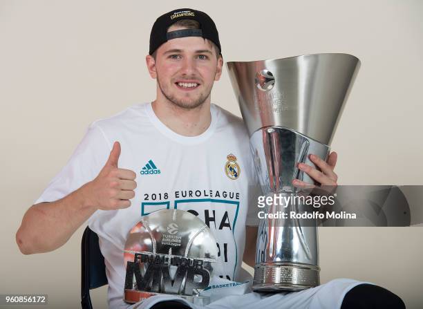 Luka Doncic, #7 of Real Madrid poses with Chamipons Trophy and MVP of the final Trophy 2018 Turkish Airlines EuroLeague F4 Champion Photo Session...