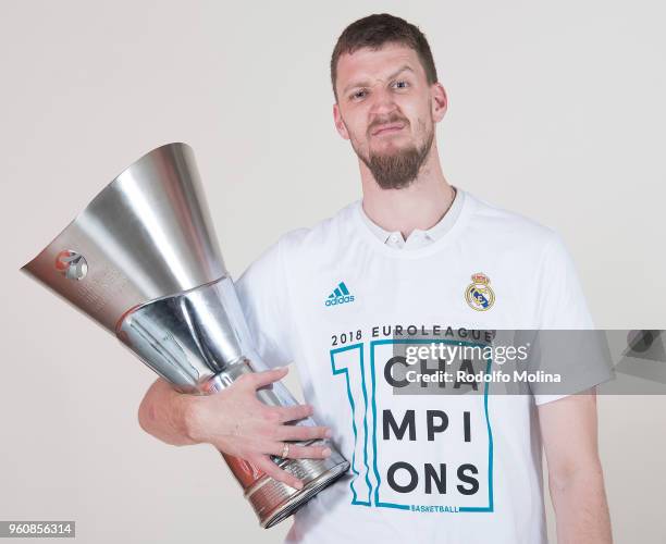 Ognjen Kuzmic, #32 of Real Madrid 2018 Turkish Airlines EuroLeague F4 Champion Photo Session with Trophy at Stark Arena on May 20, 2018 in Belgrade,...