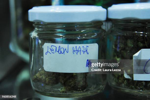 Cannabis Light is displayed during the Indica Sativa Trade at Unipol Arena on May 20, 2018 in Bologna, Italy. The 6th Italian exhibition is dedicated...