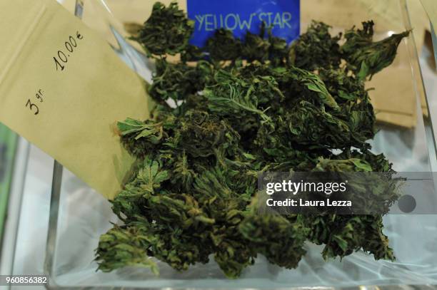 Cannabis Light is displayed during the Indica Sativa Trade at Unipol Arena on May 20, 2018 in Bologna, Italy. The 6th Italian exhibition is dedicated...