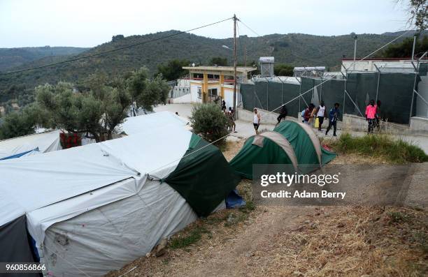 The Moria refugee camp is seen on May 20, 2018 in Mytilene, Greece. Despite being built to hold only 2,500 people, the camp on the Greek island of...