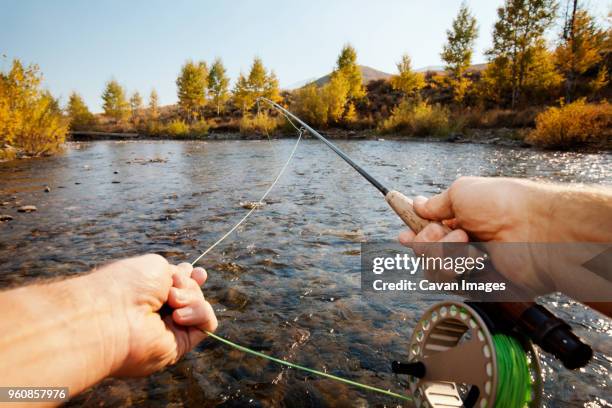 cropped image of man fishing in lake - cana de pesca imagens e fotografias de stock