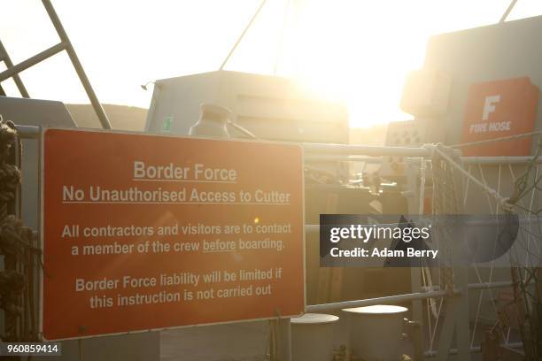 British Border Force ship used to intercept refugee boats from Turkey sits docked in the harbor on May 19, 2018 in Mytilene, Greece. Despite being...