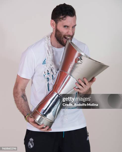 Rudy Fernandez, #5 of Real Madrid poses 2018 Turkish Airlines EuroLeague F4 Champion Photo Session with Trophy at Stark Arena on May 20, 2018 in...