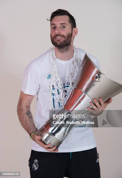 Rudy Fernandez, #5 of Real Madrid poses 2018 Turkish Airlines EuroLeague F4 Champion Photo Session with Trophy at Stark Arena on May 20, 2018 in...