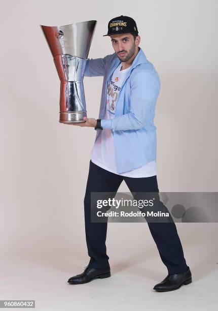 Facundo Campazzo, #11 of Real Madrid poses 2018 Turkish Airlines EuroLeague F4 Champion Photo Session with Trophy at Stark Arena on May 20, 2018 in...