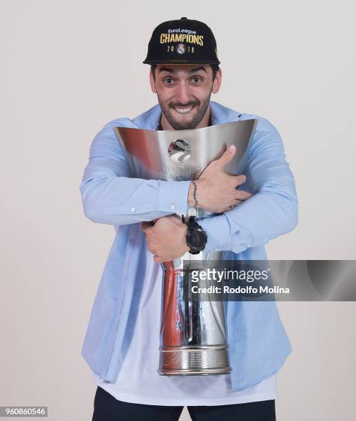 Facundo Campazzo, #11 of Real Madrid poses 2018 Turkish Airlines EuroLeague F4 Champion Photo Session with Trophy at Stark Arena on May 20, 2018 in...