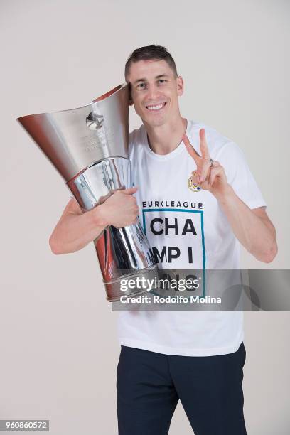 Jaycee Carroll, #20 of Real Madrid poses during 2018 Turkish Airlines EuroLeague F4 Champion Photo Session with Trophy at Stark Arena on May 20, 2018...