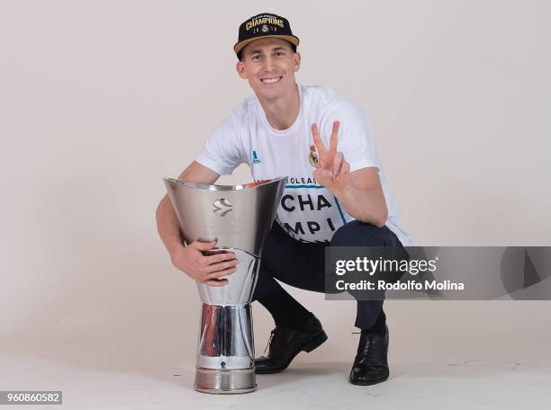 Jaycee Carroll, #20 of Real Madrid poses during 2018 Turkish Airlines EuroLeague F4 Champion Photo Session with Trophy at Stark Arena on May 20, 2018...