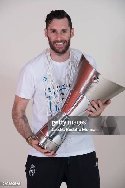 Rudy Fernandez, #5 of Real Madrid poses 2018 Turkish Airlines EuroLeague F4 Champion Photo Session with Trophy at Stark Arena on May 20, 2018 in...