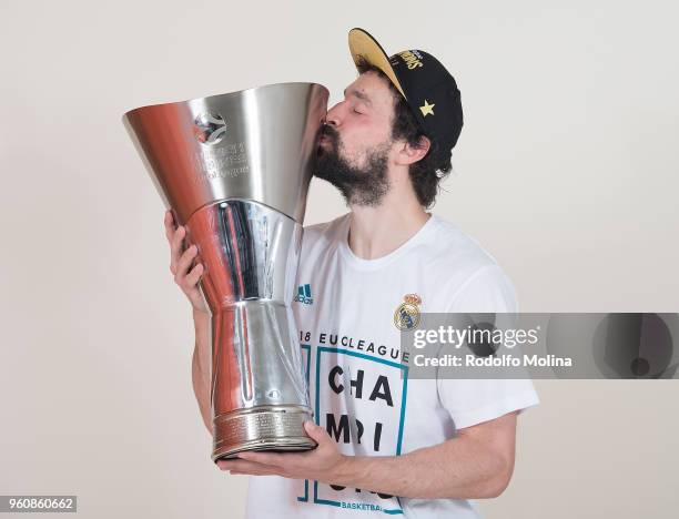 Sergio Llull, #23 of Real Madrid poses 2018 Turkish Airlines EuroLeague F4 Champion Photo Session with Trophy at Stark Arena on May 20, 2018 in...