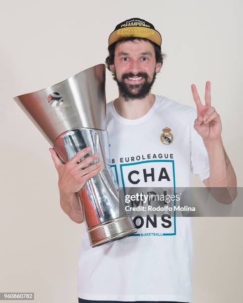 Sergio Llull, #23 of Real Madrid poses 2018 Turkish Airlines EuroLeague F4 Champion Photo Session with Trophy at Stark Arena on May 20, 2018 in...