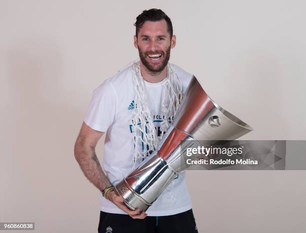 Rudy Fernandez, #5 of Real Madrid poses 2018 Turkish Airlines EuroLeague F4 Champion Photo Session with Trophy at Stark Arena on May 20, 2018 in...