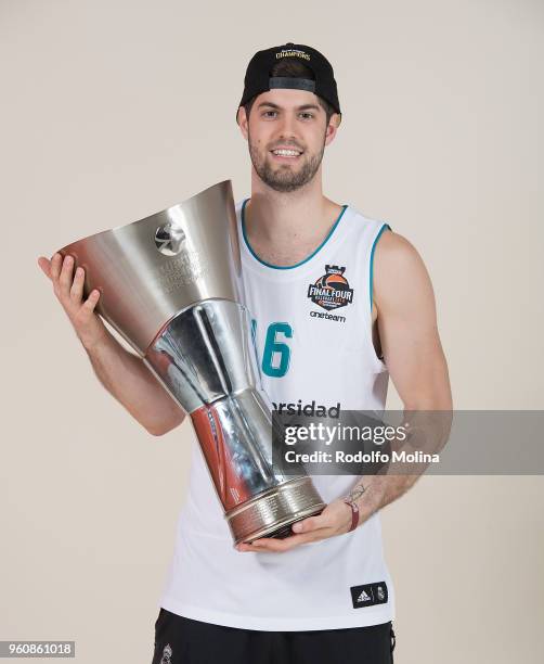 Santiago Yusta, #16 of Real Madrid poses during the 2018 Turkish Airlines EuroLeague F4 Champion Photo Session with Trophy at Stark Arena on May 20,...
