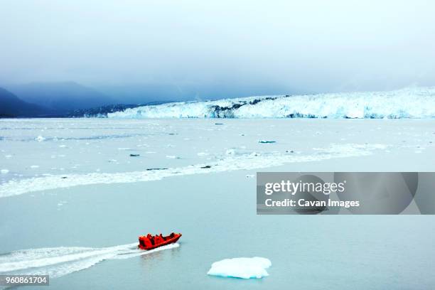 high angle view of rescue boat in alaska against clear sky - rettungsboot stock-fotos und bilder