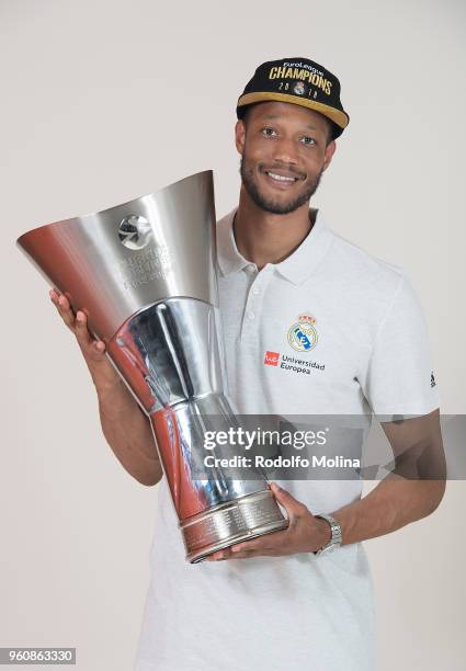 Chasson Randle, #2 of Real Madrid poses during the 2018 Turkish Airlines EuroLeague F4 Champion Photo Session with Trophy at Stark Arena on May 20,...