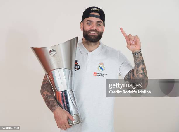 Jeffery Taylor, #44 of Real Madrid poses during the 2018 Turkish Airlines EuroLeague F4 Champion Photo Session with Trophy at Stark Arena on May 20,...