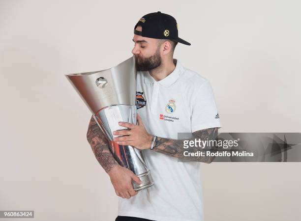 Jeffery Taylor, #44 of Real Madrid poses during the 2018 Turkish Airlines EuroLeague F4 Champion Photo Session with Trophy at Stark Arena on May 20,...
