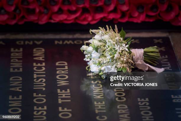 The bouquet of flowers carried by Meghan Markle during her wedding to Britain's Prince Harry, Duke of Sussex at ST George's Chapel , Windsor Castle,...