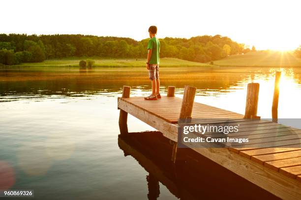 boy standing on jetty over lake during sunny day - prince william county virginia stock pictures, royalty-free photos & images