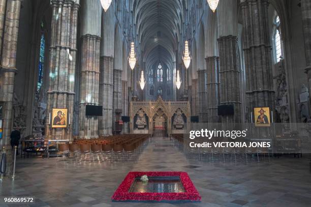 The bouquet of flowers carried by Meghan Markle during her wedding to Britain's Prince Harry, Duke of Sussex at ST George's Chapel , Windsor Castle,...