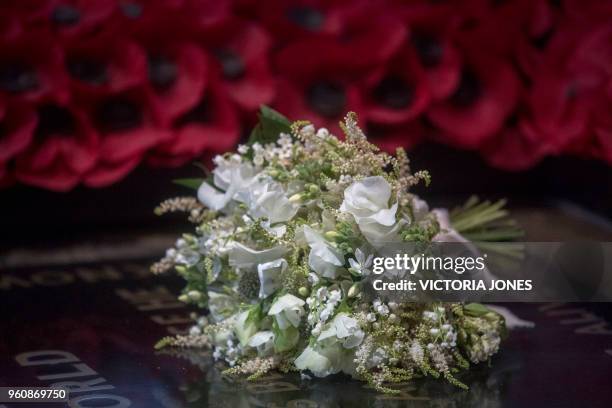 The bouquet of flowers carried by Meghan Markle during her wedding to Britain's Prince Harry, Duke of Sussex at ST George's Chapel , Windsor Castle,...