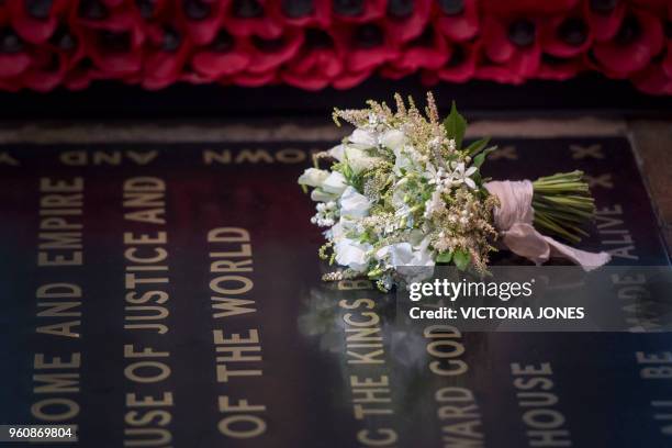 The bouquet of flowers carried by Meghan Markle during her wedding to Britain's Prince Harry, Duke of Sussex at ST George's Chapel , Windsor Castle,...