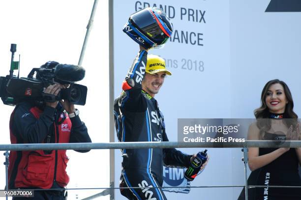 Moto 2 rider Francesco Bagnaia celebrate his victory during Le Mans race day.