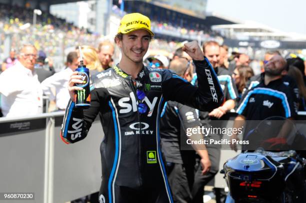 Moto 2 rider Francesco Bagnaia celebrate his victory during Le Mans race day.