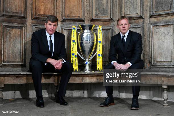 Directors of Rugby, Rob Baxter of Exeter Chiefs and Mark McCall of Saracens pose with the Aviva Premiership Trophy during the Premiership Rugby...