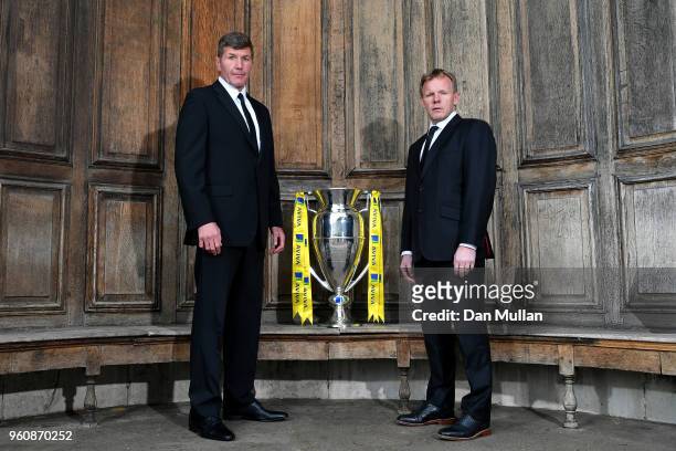Directors of Rugby, Rob Baxter of Exeter Chiefs and Mark McCall of Saracens pose with the Aviva Premiership Trophy during the Premiership Rugby...