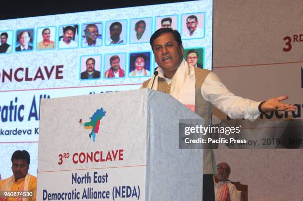 Chief Minister of Assam Sarbananda Sonowal addressing during the third conclave of the North East Democratic Alliance at Guwahati, Assam.