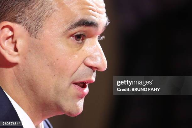 Belgium's Spanish head coach Roberto Martinez addresses a press conference to announce the squad of the Belgian national football team Red Devils for...