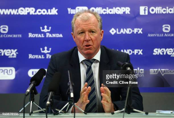 Steve McClaren speaks with the media, as he is officially unveiled as the Queens Park Rangers new manager at Loftus Road on May 21, 2018 in London,...