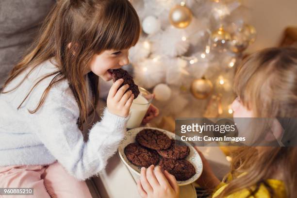 girls having cookies at home - children only stock-fotos und bilder